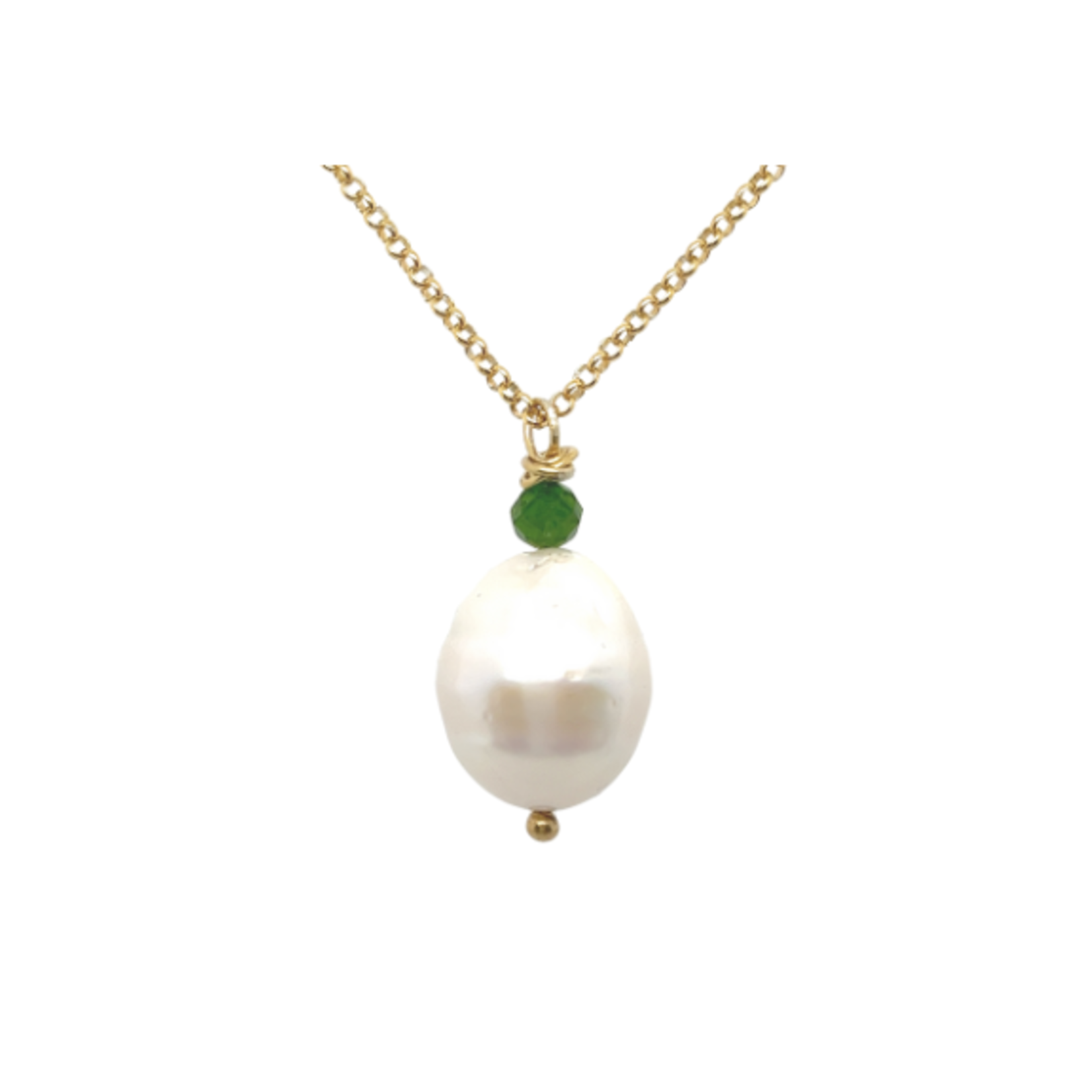 Necklace with baroque pearl dioptase