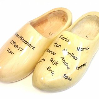 Wooden shoes with text