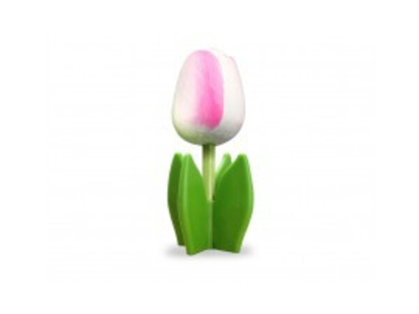 White - pink wooden tulip on leaf