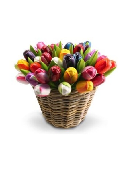 50 Wooden Tulips in Basket in mixed colors