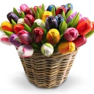 Wooden tulips in a wicker basket in mixed colors of your choice