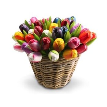 Wooden tulips in a wicker basket in mixed colors of your choice