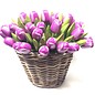 purple wooden tulips in a wicker basket