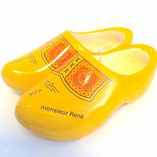 wooden shoes with text