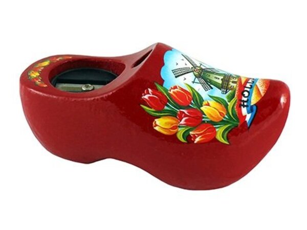 Bleistiftspitzer-Holzschuh mit holländische Mühle rot