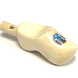 clog whistle with a logo and finished with a transparent or white lacquer
