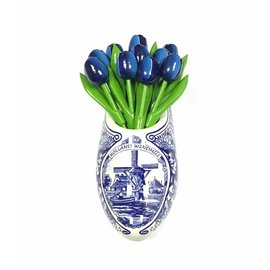 Blue wooden tulips and a Delft blue clog