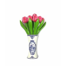 kleine Tulpen aus Holz in Rosa-weiß in einem blauen Vase Delft