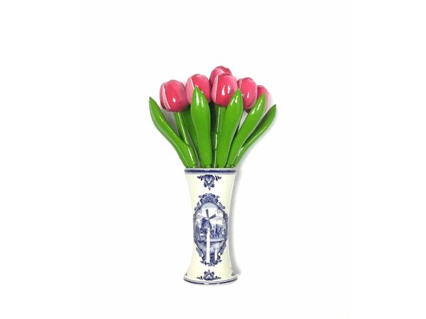 kleine Tulpen aus Holz in Rosa-weiß in einem blauen Vase Delft kleine Tulpen aus Holz in Rosa-weiß in einem blauen Vase Delft