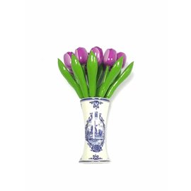 wooden tulips in purple in a Delft blue vase