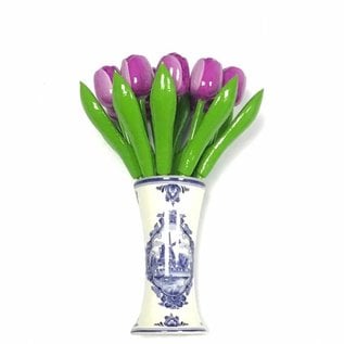 wooden tulips in purple in a Delft blue vase