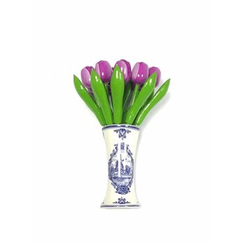 wooden tulips in purple in a Delft blue vase
