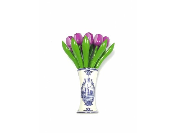 kleine Tulpen aus Holz in Violet in einem blauen Vase Delft