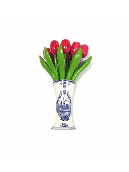 kleine Tulpen aus Holz in rosa in einem blauen Vase Delft