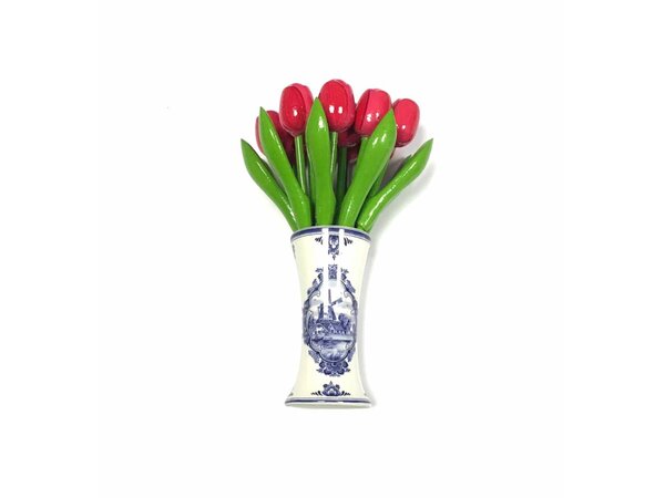 Nijhuis klompenfabriek kleine houten tulpen in de kleur roze in een Delfts blauwe vaas
