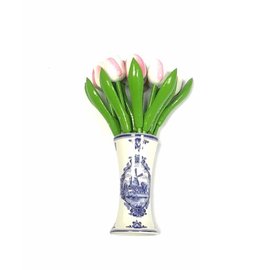 Tulpen aus Holz in weiß-rosa in einer Delft blauen Vase