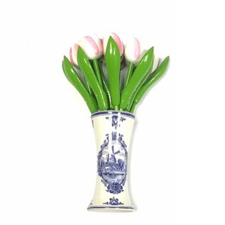 small wooden tulips in white-rosa in a Delft blue vase
