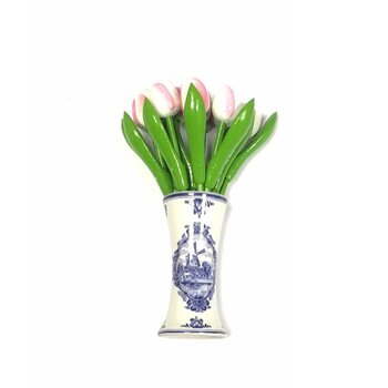 small wooden tulips in white-rosa in a Delft blue vase