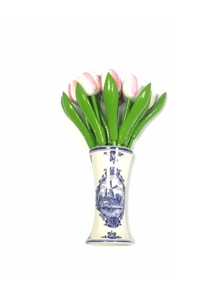 small wooden tulips in white-rosa in a Delft blue vase