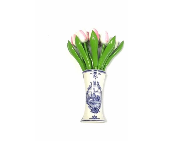 Kleine houten tulpen in de kleur wit- roze in een Delfts blauwe vaas Kleine houten tulpen in de kleur wit- roze in een Delfts blauwe vaas