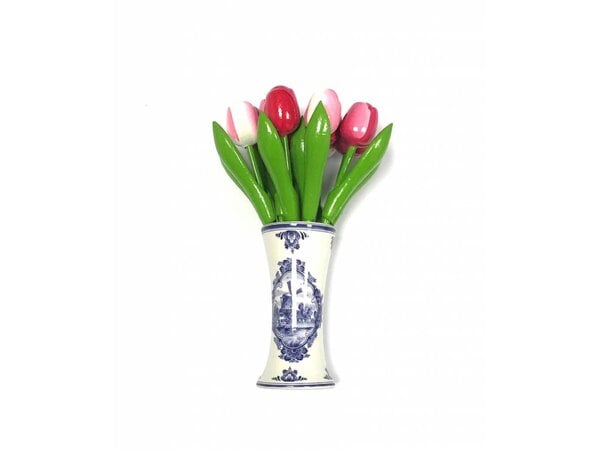 small wooden tulips in mixed colors pink in a Delft blue vase
