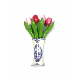 Tulpen aus Holz in Mischfarben rosa in einem Delft blauen Vase