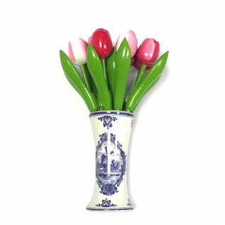 wooden tulips in mixed colors pink in a Delft blue vase