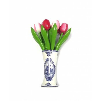 wooden tulips in mixed colors pink in a Delft blue vase