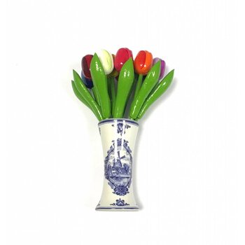 small wooden tulips in mixed colors in a Delft blue vase