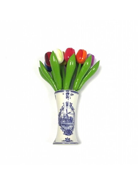wooden tulips in mixed colors in a Delft blue vase