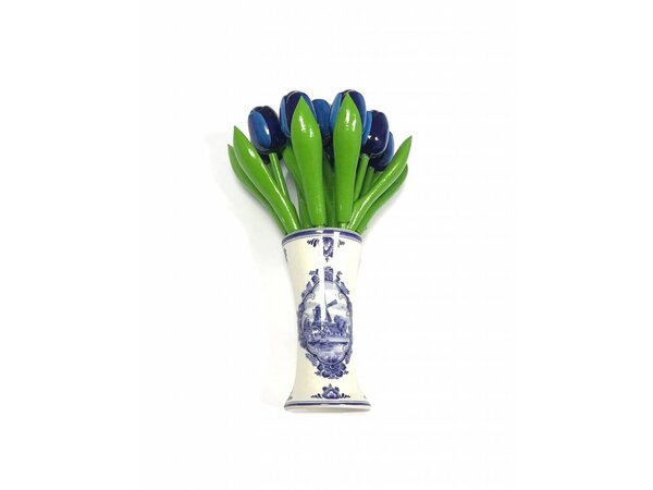 wooden tulips in blue in a Delft blue vase
