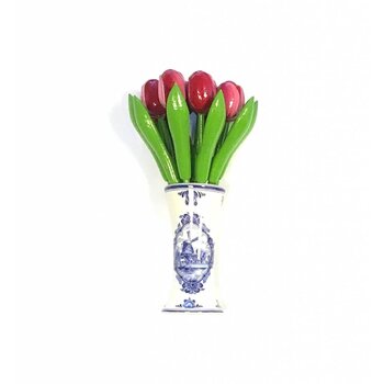 small wooden tulips in red-white in a Delft blue vase