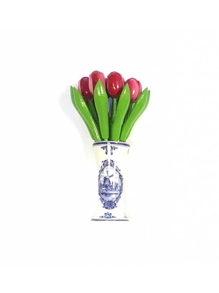 wooden tulips in red-white in a Delft blue vase