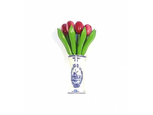 wooden tulips in red-white in a Delft blue vase