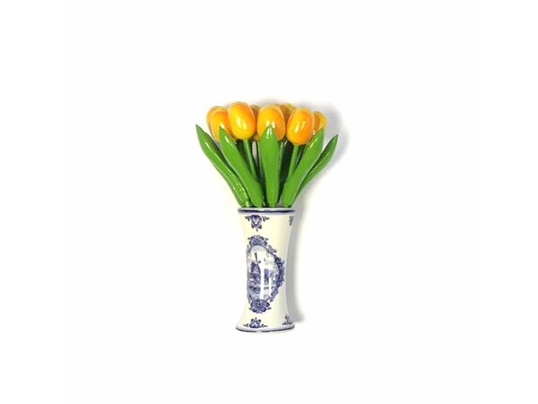 kleine Tulpen aus Holz in Gelb in einem blauen Vase Delft