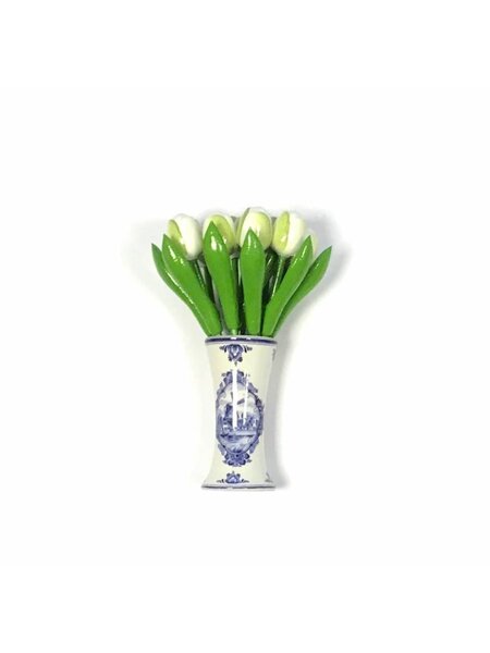 wooden tulips in white in a Delft blue vase