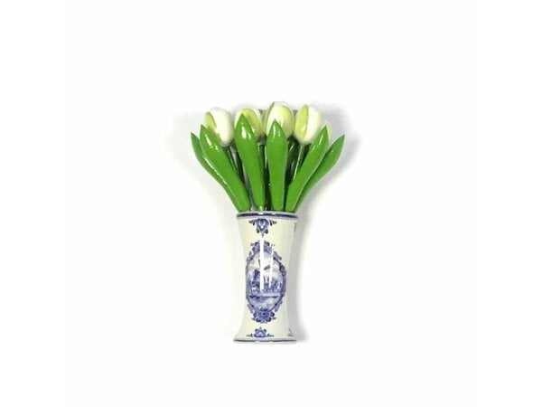 wooden tulips in white in a Delft blue vase