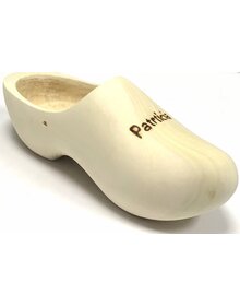 Holzschuh mit Gravur als Pflanzenhalter