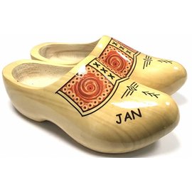 wooden shoes with text