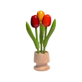 3 houten tulp op een voet in de kleur rood-oranje-geel