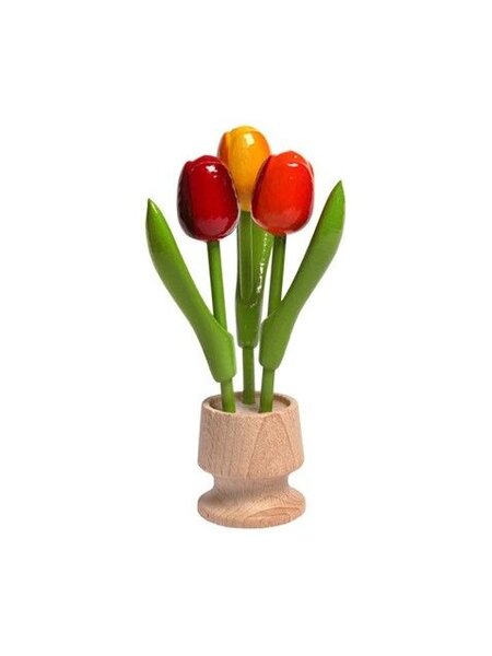 3 wooden tulip on one foot in the color red-orange-yellow