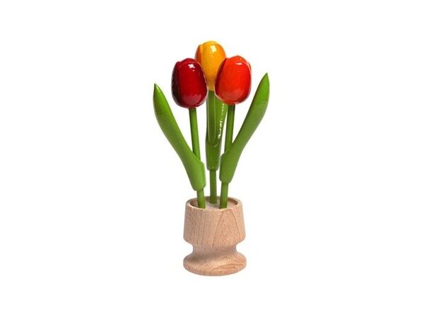 Nijhuis klompenfabriek 3 houten tulp op een voet in de kleur rood-oranje-geel
