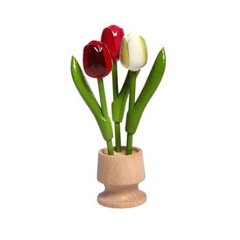 3 houten tulpen op een voet in de kleur rood-rose-wit