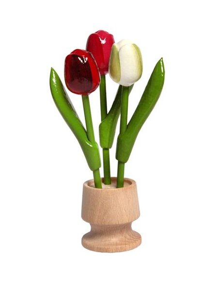 3 wooden tulip on one foot in the color red-rose-white