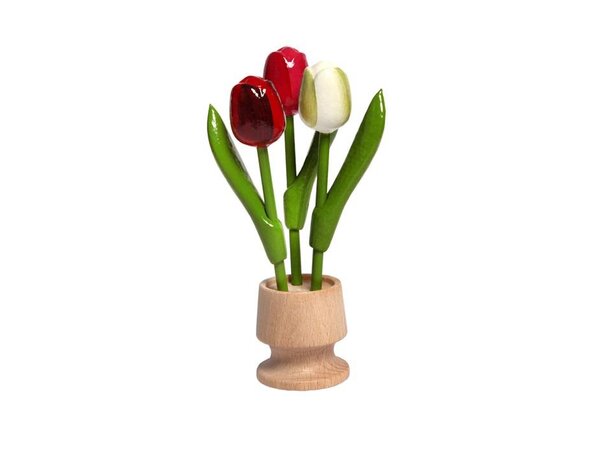 3 houten tulpen op een voet in de kleur rood-rose-wit
