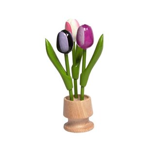 3 houten tulp op een voet in de kleur donker paars-paars-wit rose