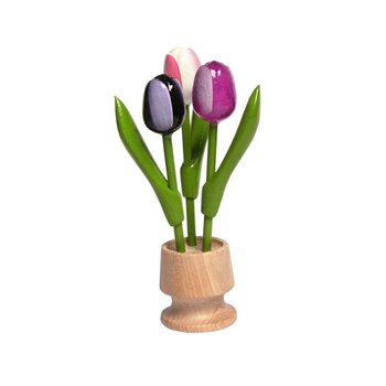 3 houten tulpen op een voet in de kleur donker paars-paars-wit rose 3 houten tulpen op een voet in de kleur donker paars-paars-wit rose