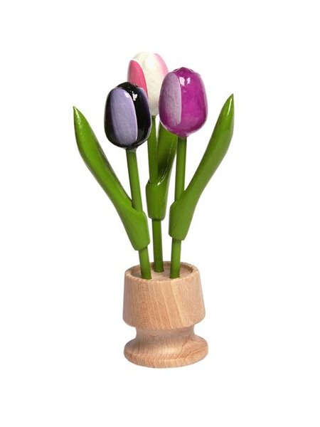 3 wooden tulip on one foot in the color dark purple-purple-white rose