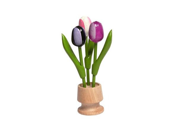 3 wooden tulip on one foot in the color dark purple-purple-white rose