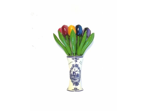 Large wooden tulips in a Delft blue vase with logo